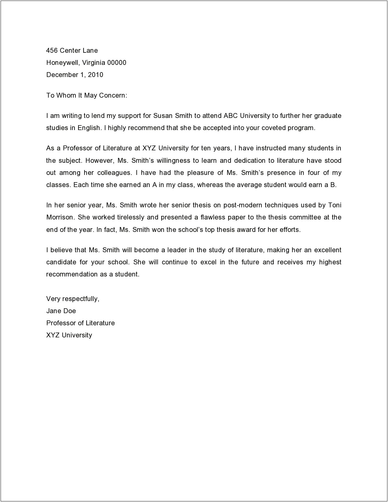 Professor To Student Recommendation Letter Template