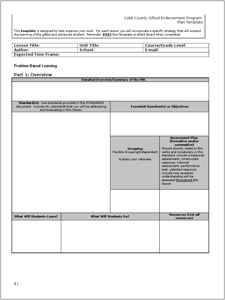 Project Based Learning Lesson Plan Template