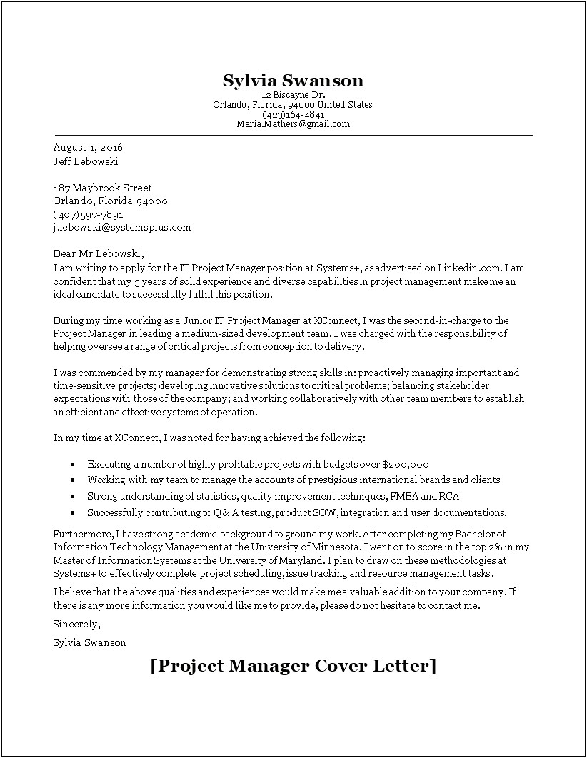 Project Manager Cover Letter Template Word