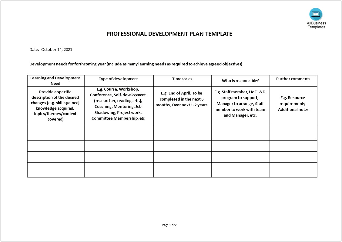 Project Plan For Learning And Development Template