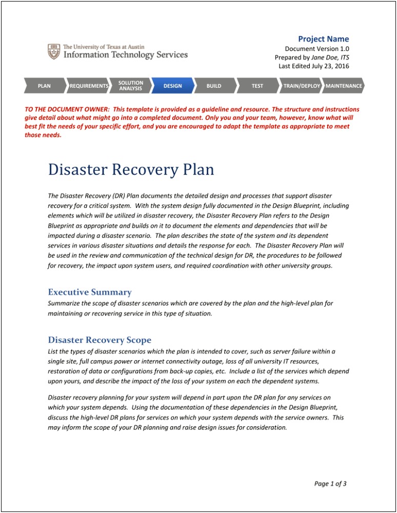 Project Plan Template For Disaster Recovery