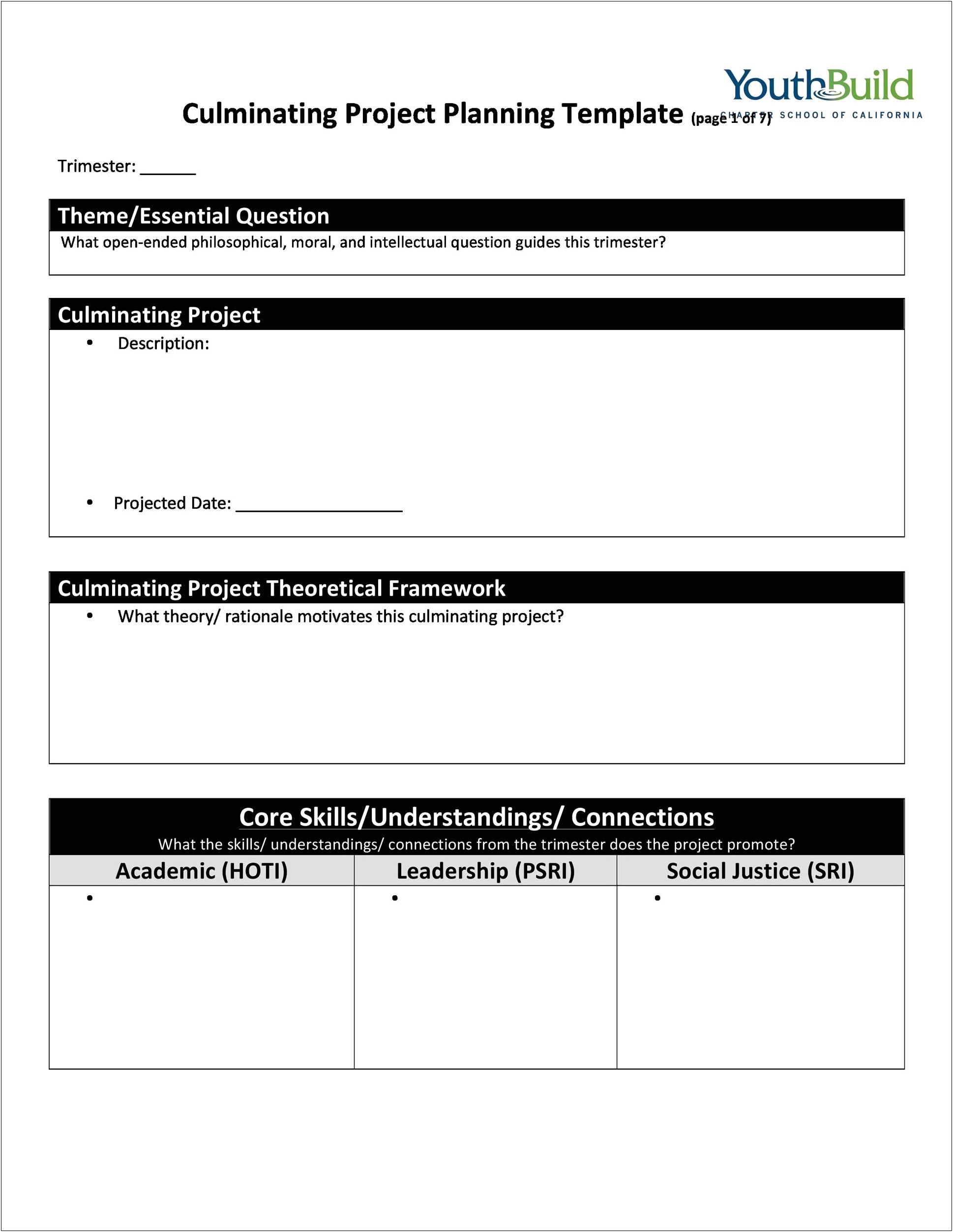 Project Plan Template For Middle School