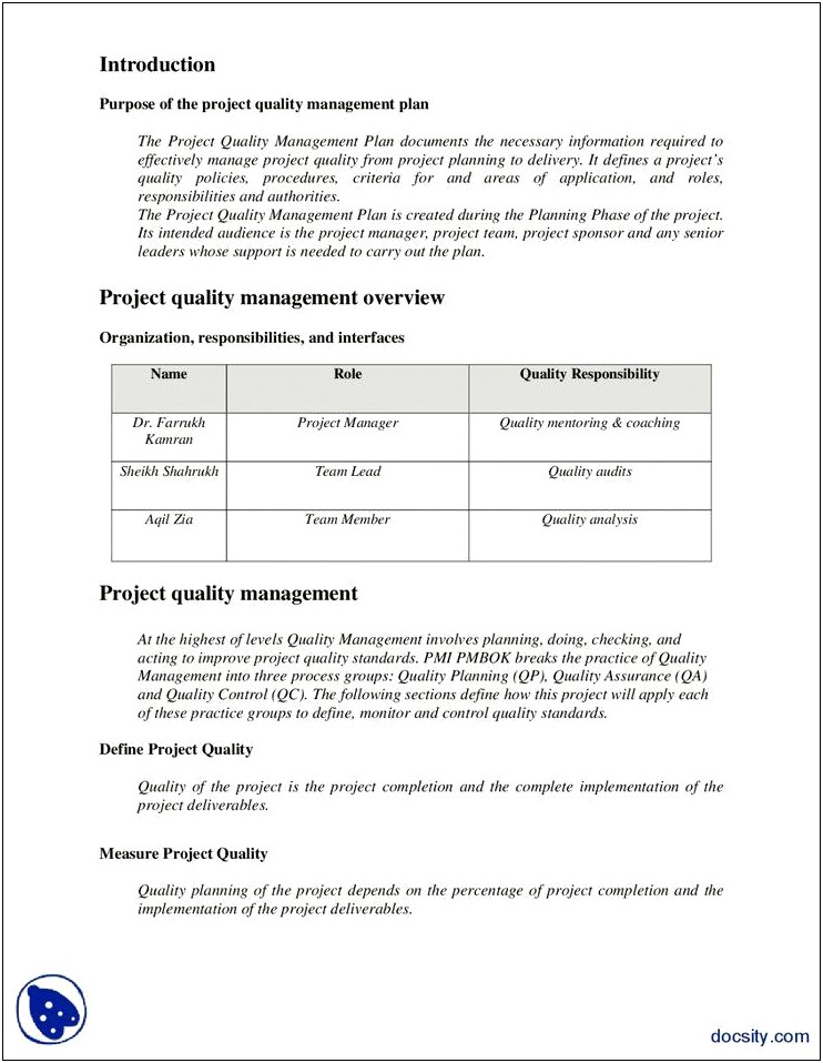 Project Quality Management Plan Template Pmi