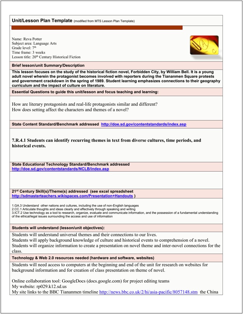 Project Read Comprehension Unit Lesson Plan Template