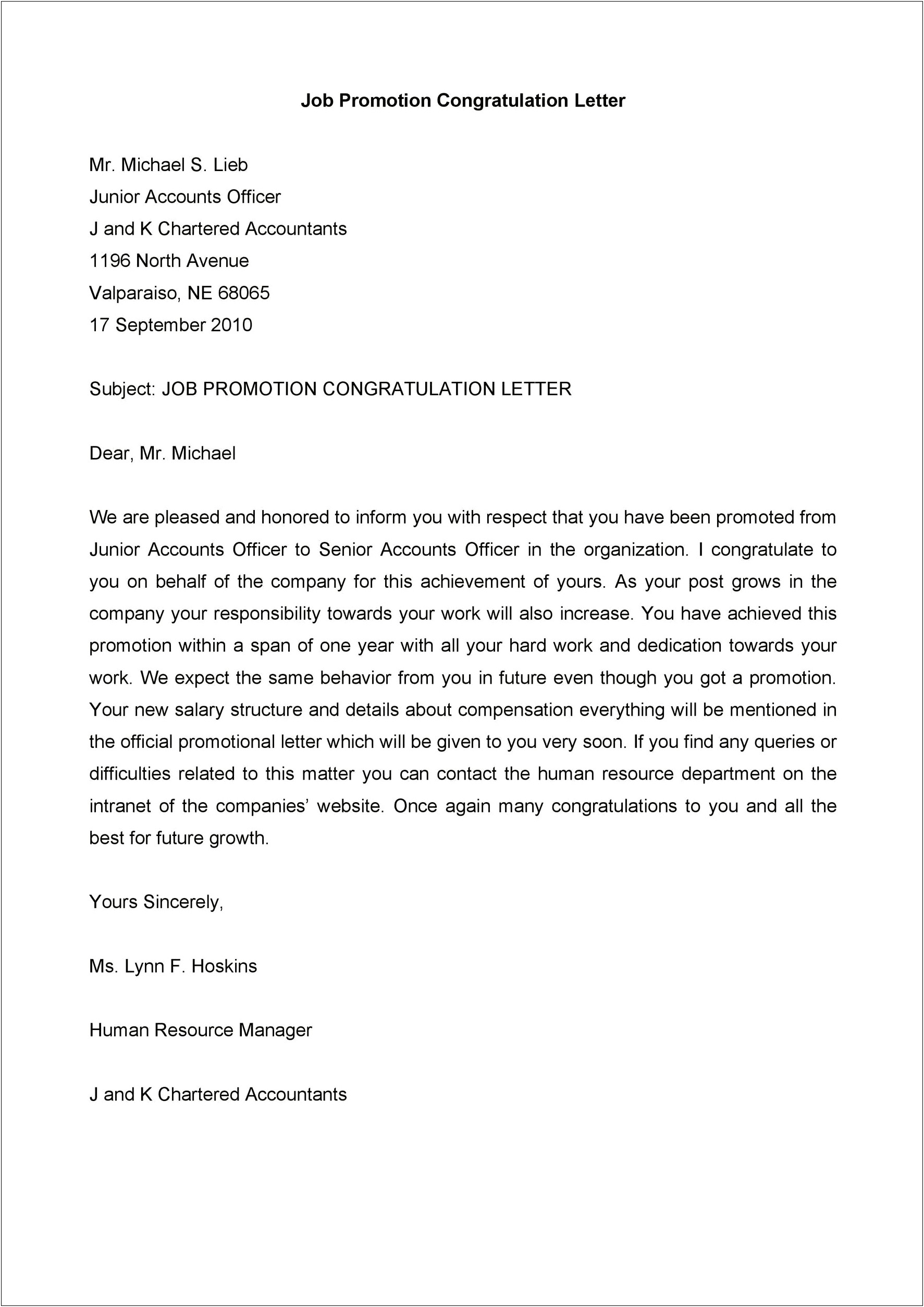 Promotion Letter To Employee Uk Template