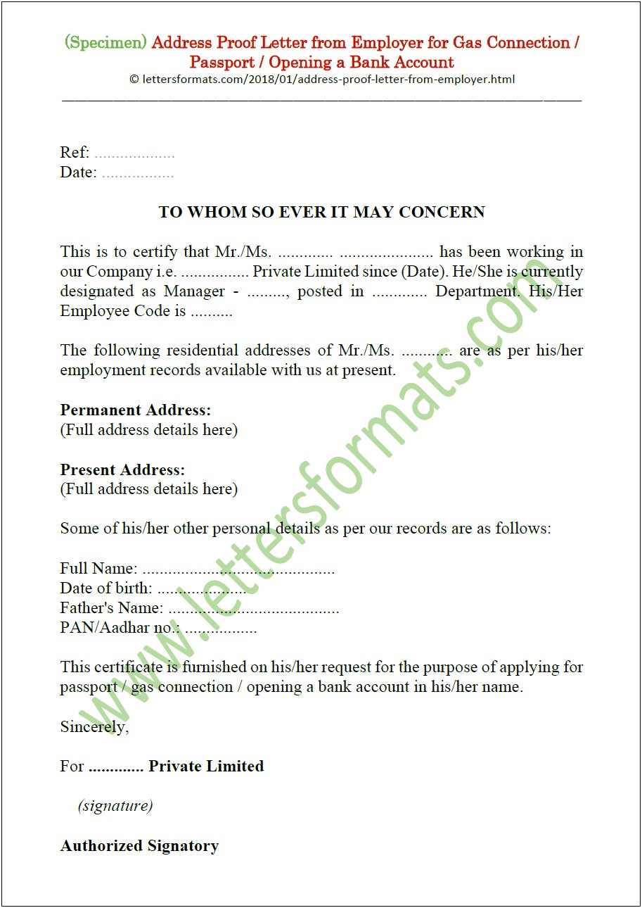 Proof Of Address Letter Word Template