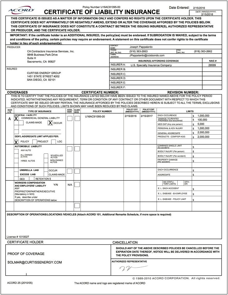 Proof Of Business Liability Insurance Letter Template