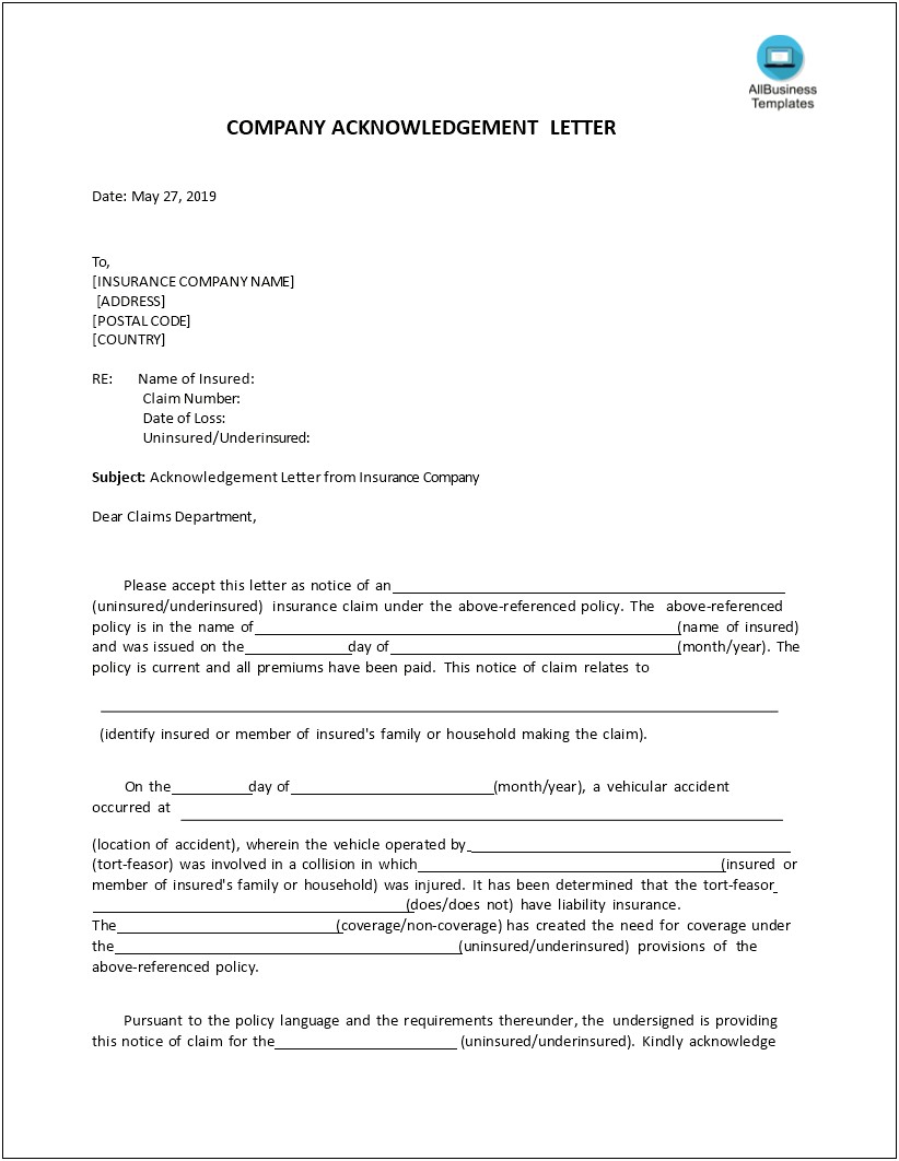 Proof Of Business Liabilty Insurance Letter Template