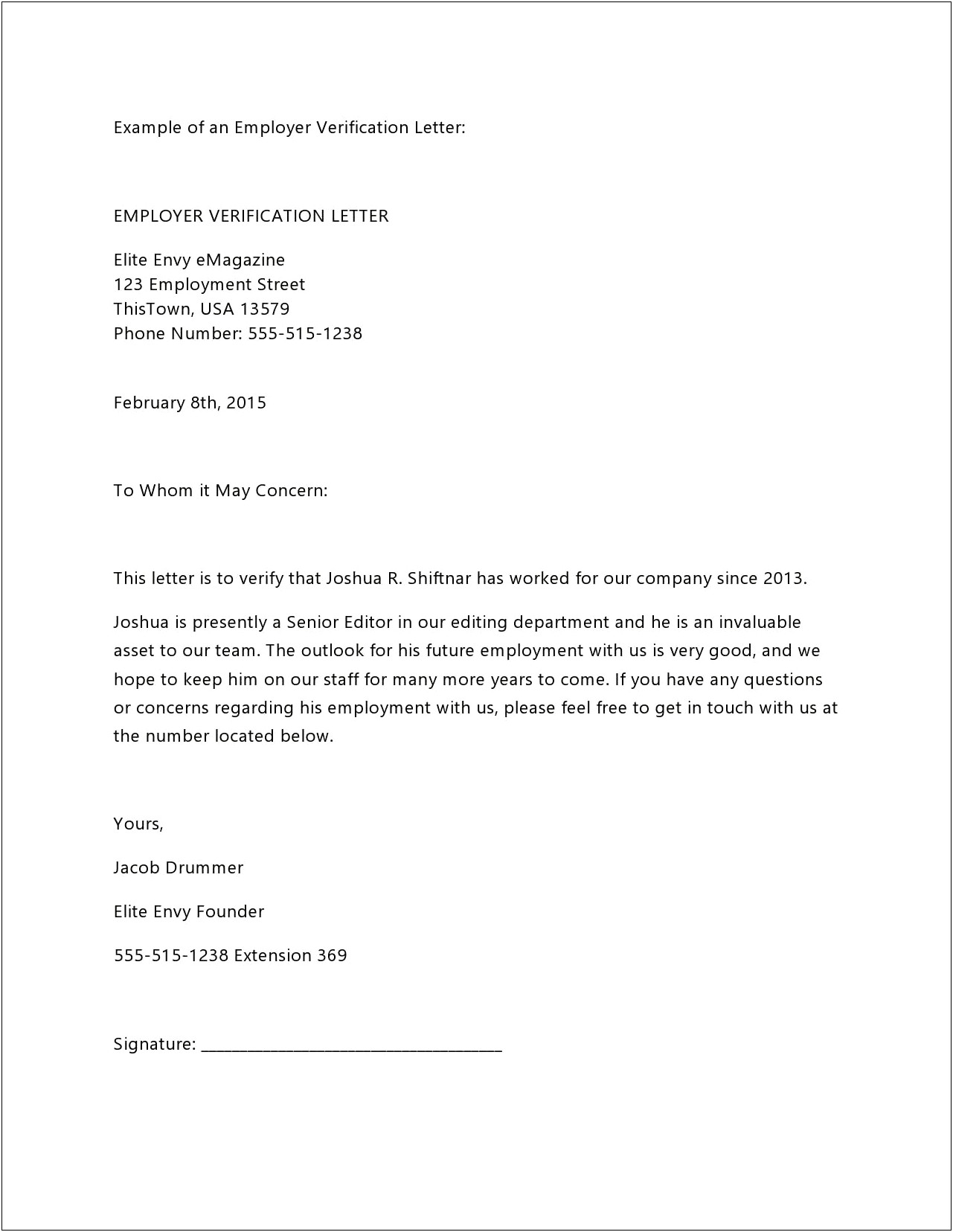 Proof Of Employment Letter For Visa Template