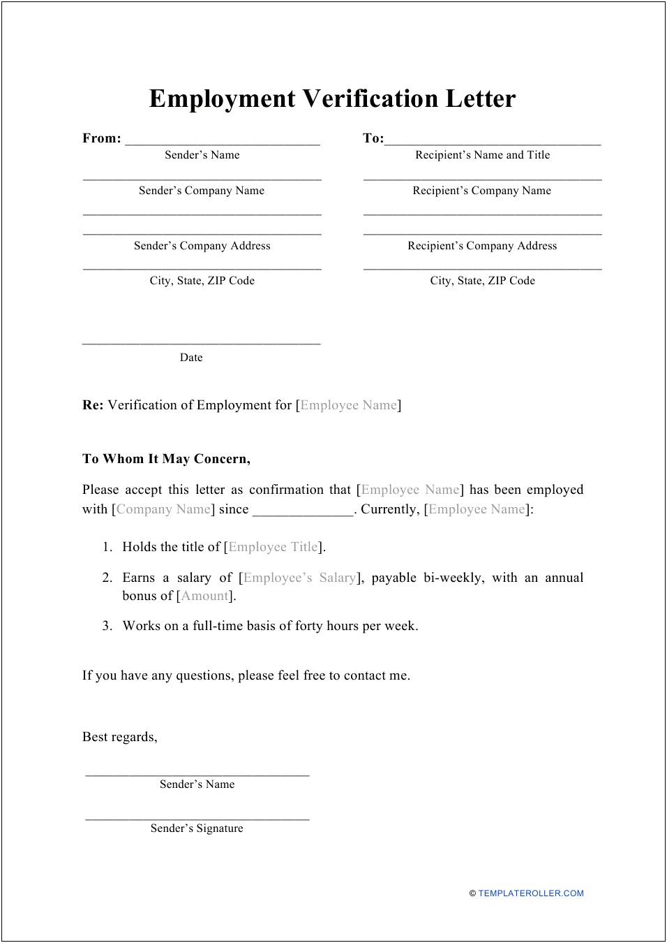 Proof Of Employment Letter Free Template