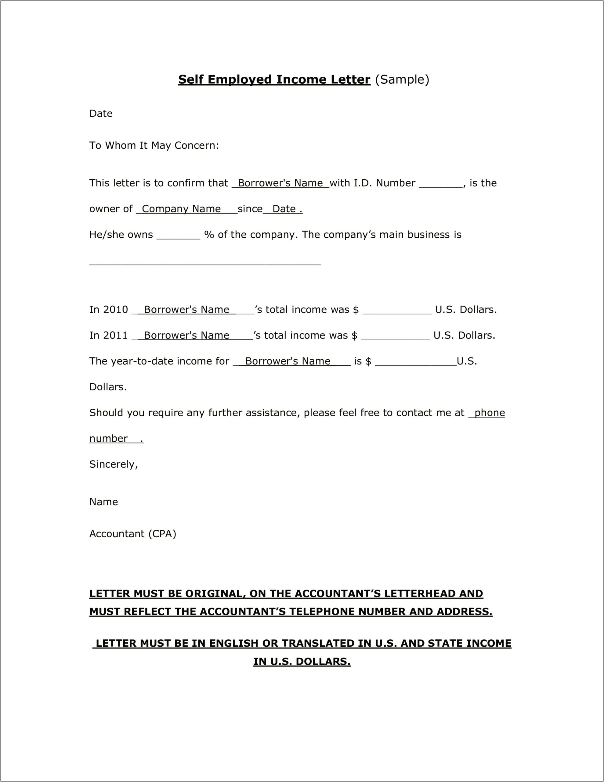 Proof Of Income Letter From Employer Template