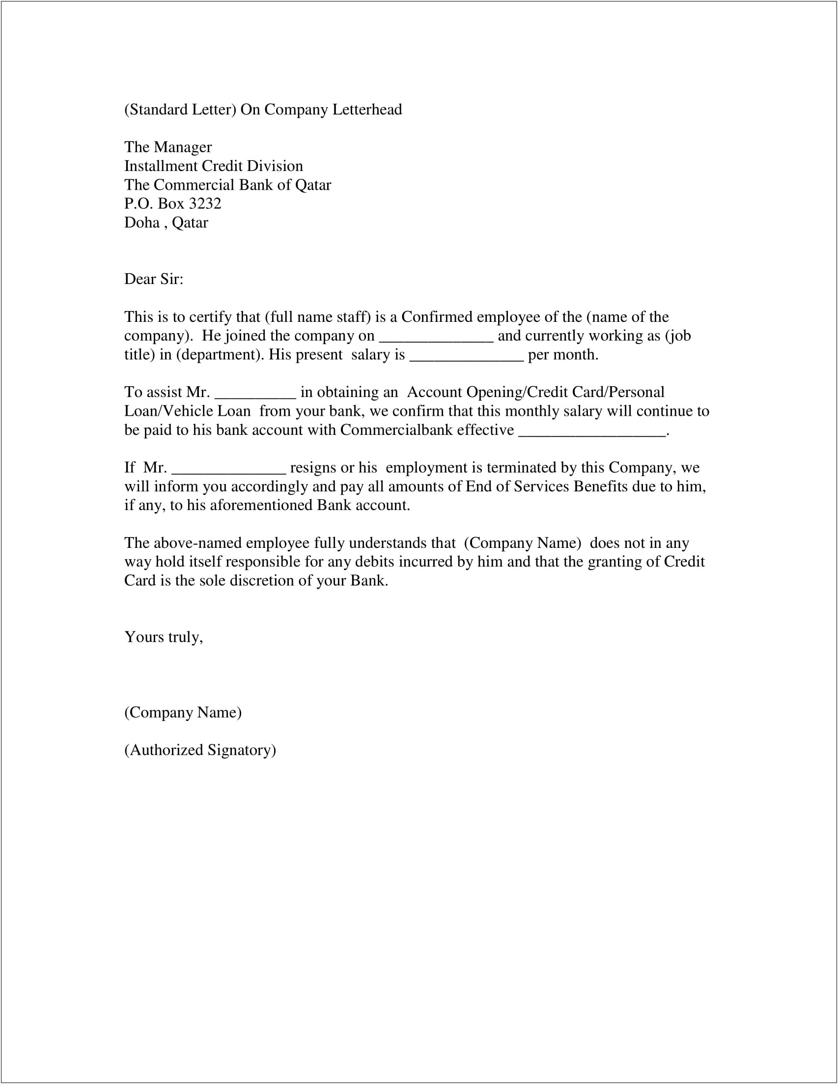 Proof Of Previous Employment Letter Template