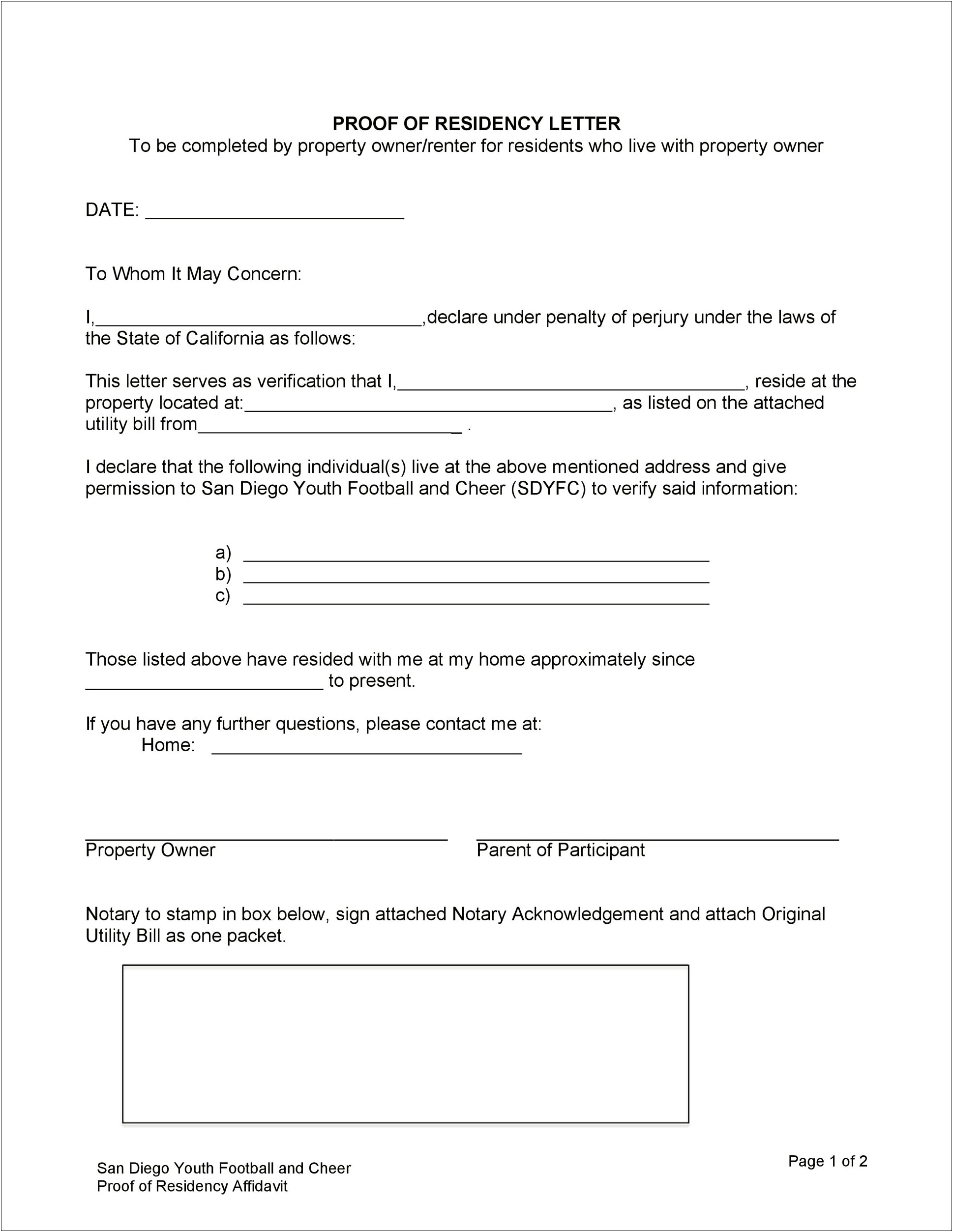 Proof Of Residency Letter From Landlord Template