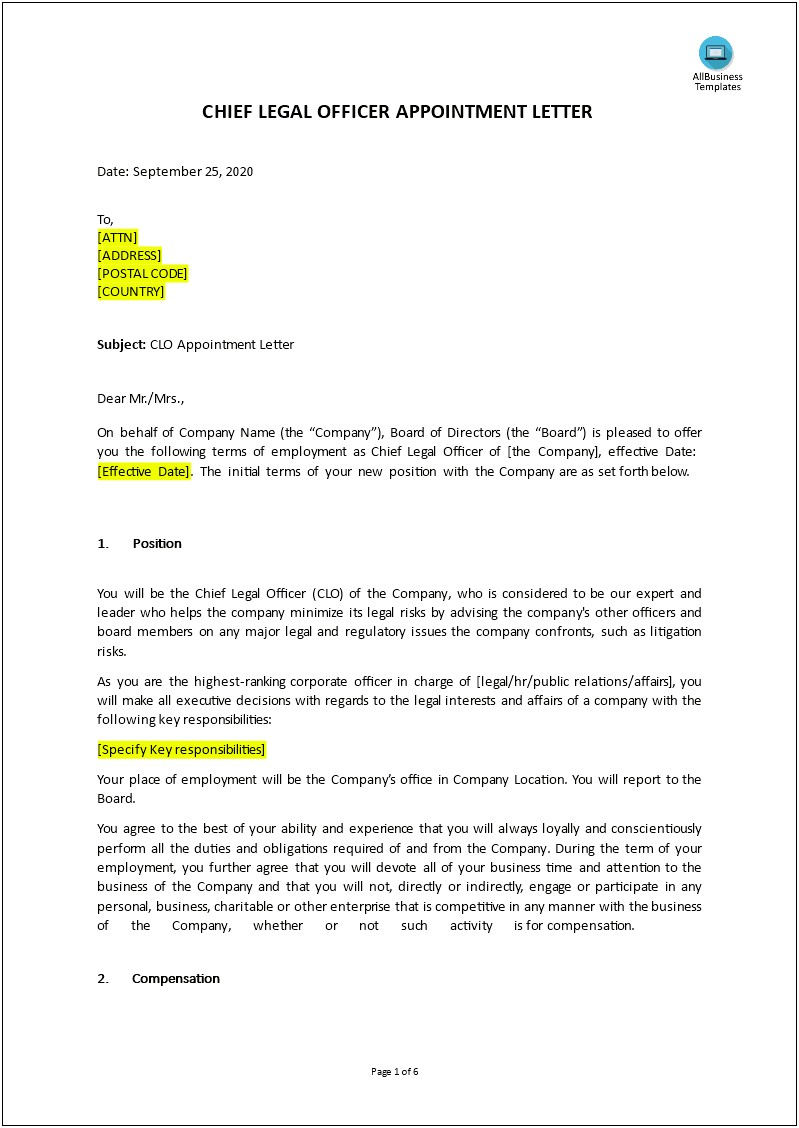 Public Officer Appointment Letter Template Pdf