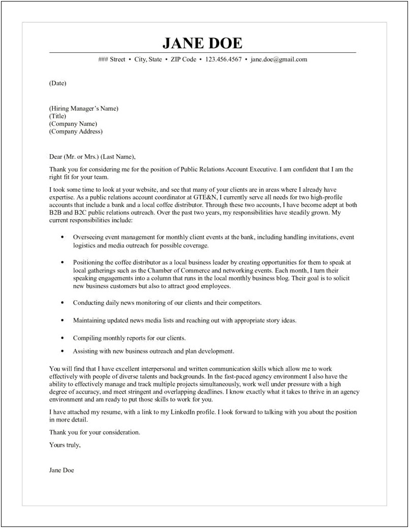 Public Relations Internship Cover Letter Template