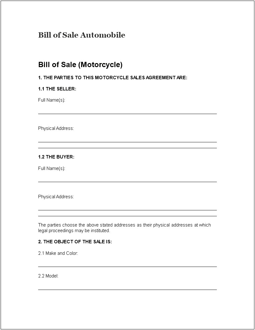 Purchase And Sale Agreement Word Template Motorcycle