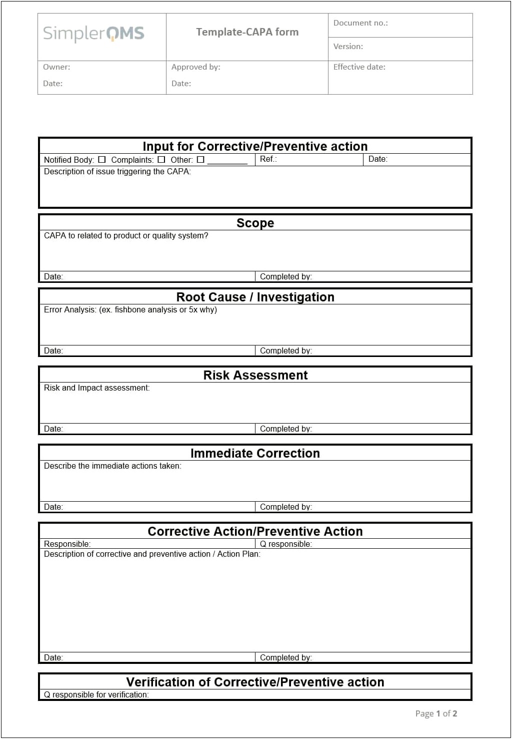 Quality Assurance Corrective Action Plan Template