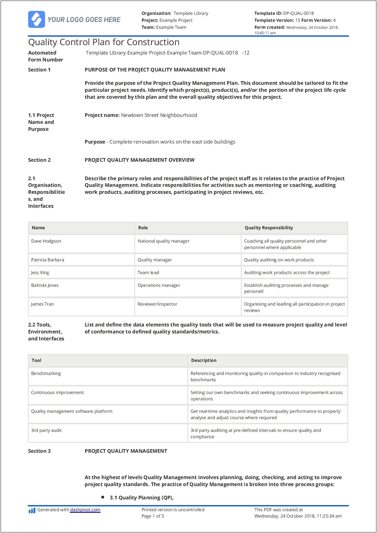 Quality Management Plan Template Project Management Docs