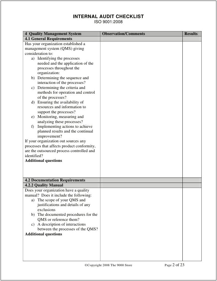 Quality Plan For Iso 9001 Template