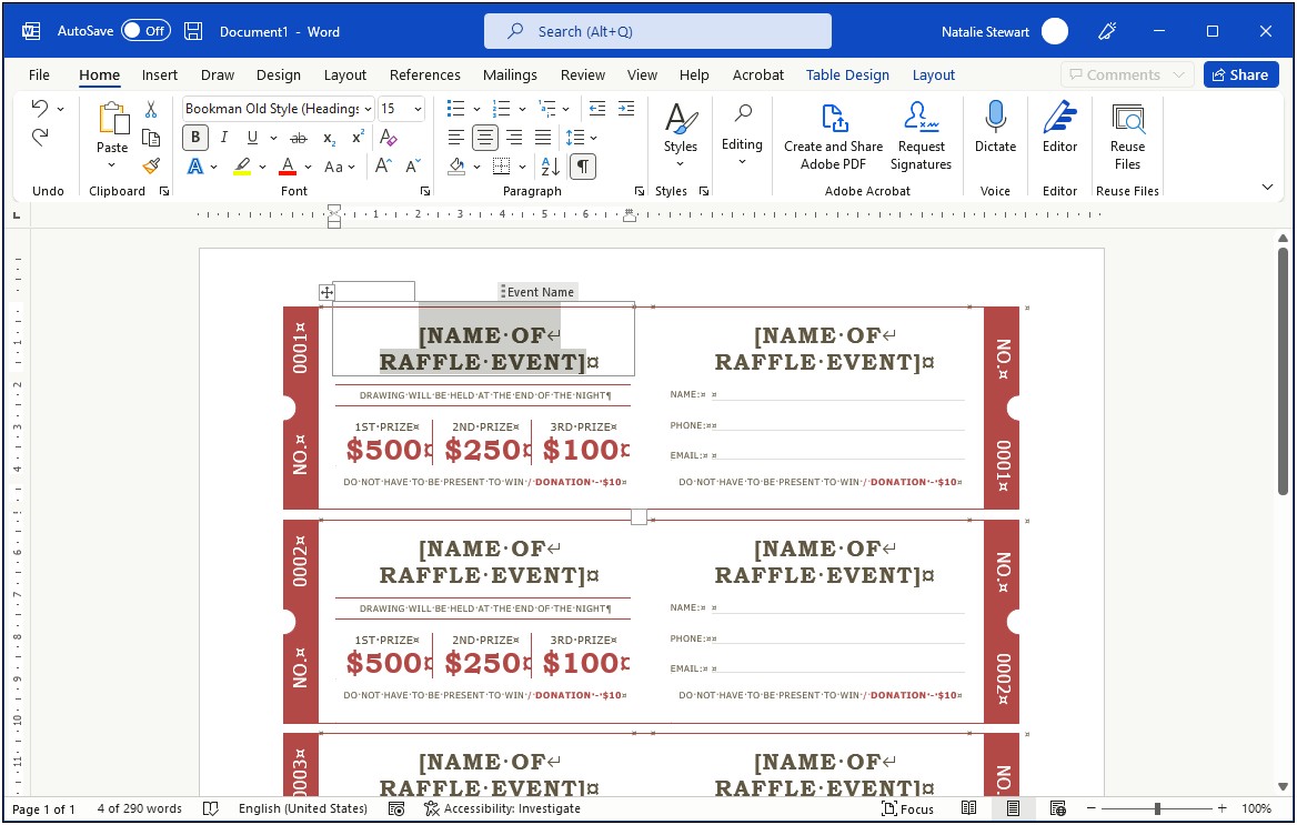 Raffle Ticket Template Word Us Letter Paper