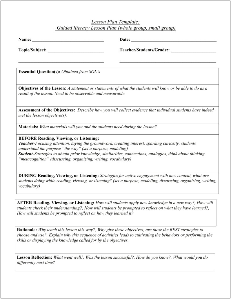 Raft Small Group Lesson Plan Template