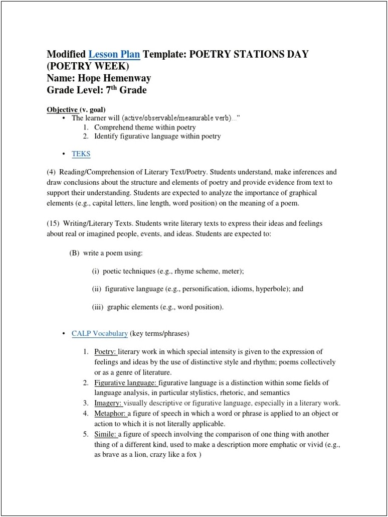 Reading Comprehension Lesson Plan 7th Grade Template