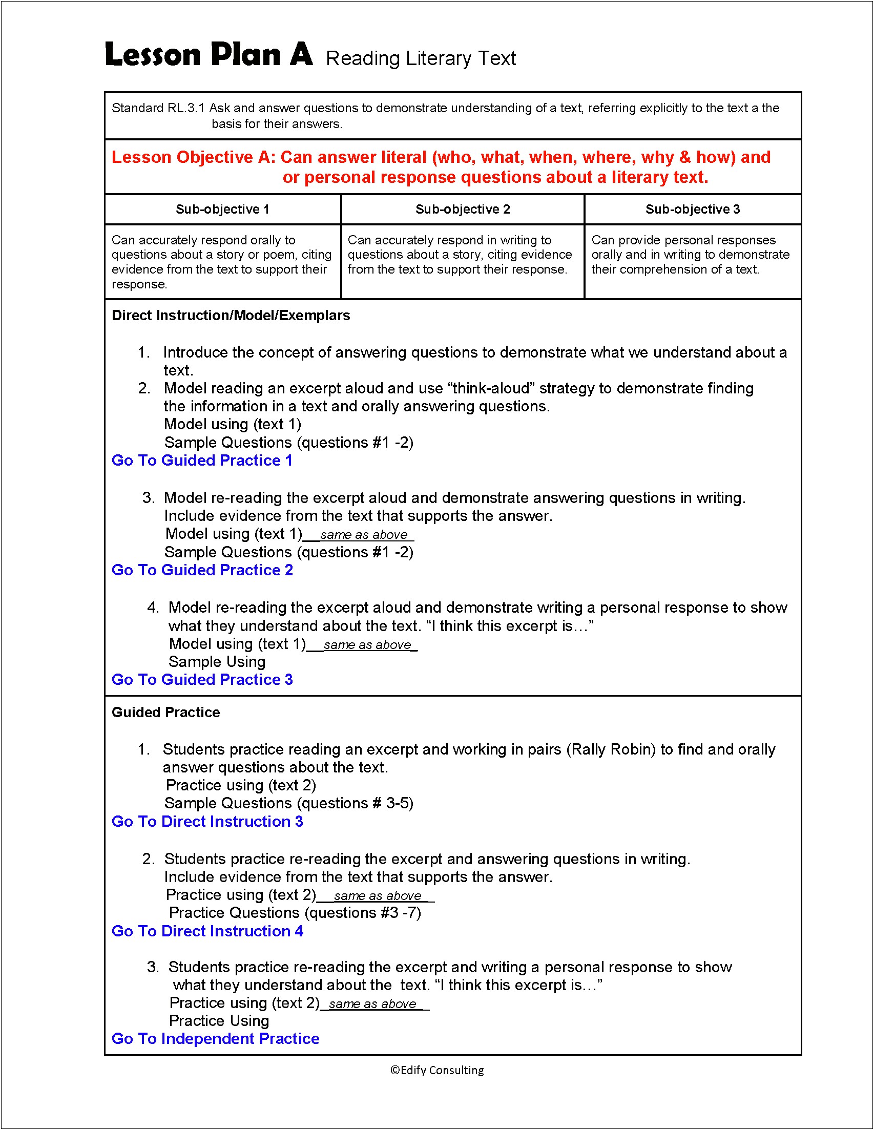 Reading Lesson Plan Template 3rd Grade