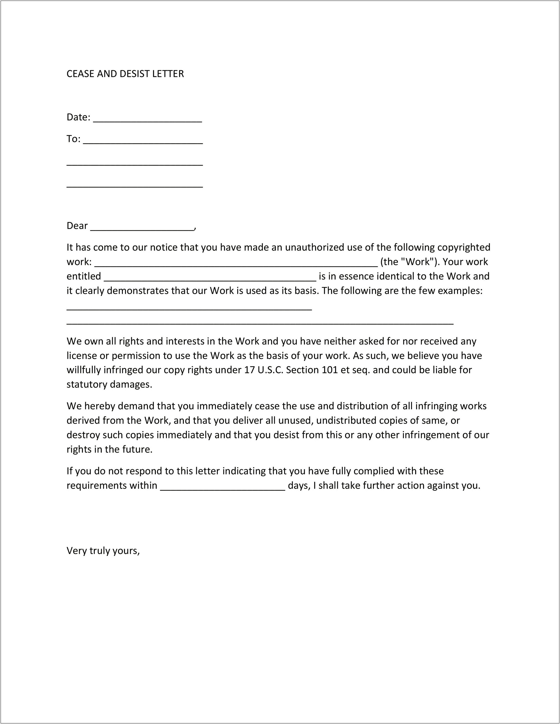 Real Estate Cease And Desist Letter Template