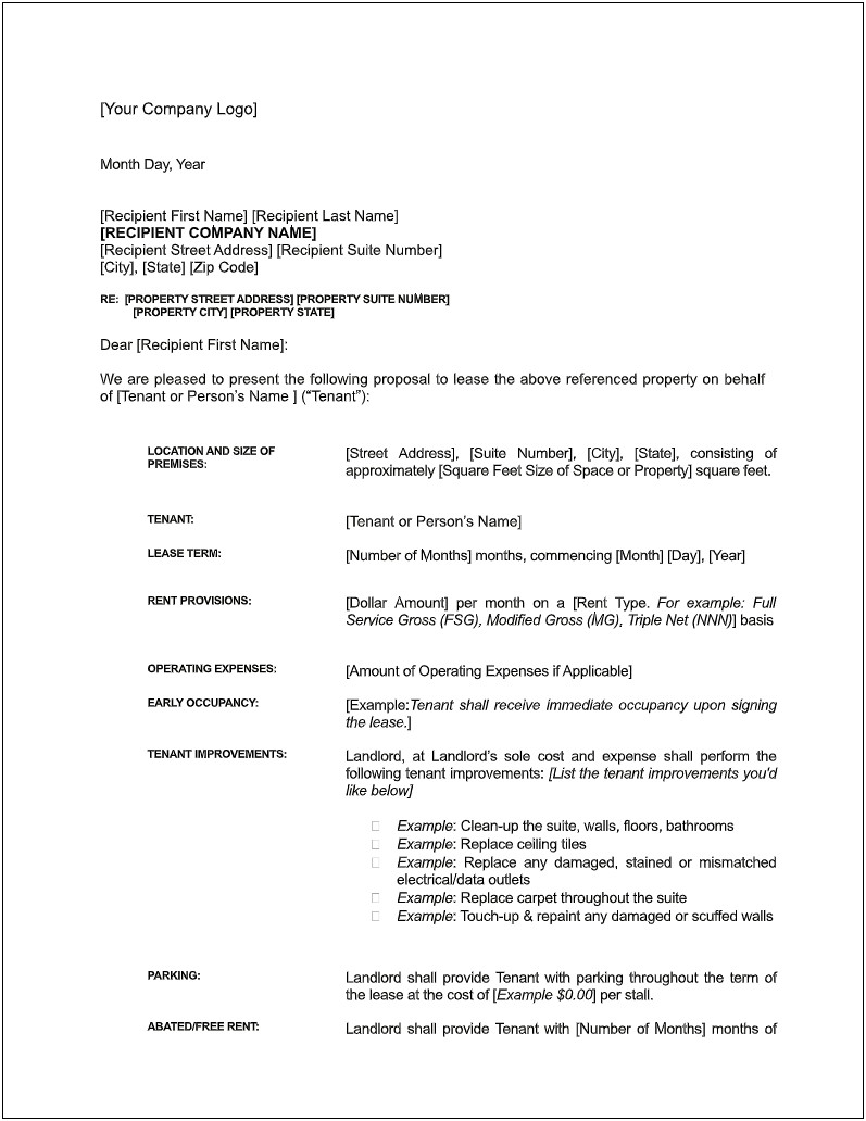 Real Estate Commercial Letter Of Intent Template