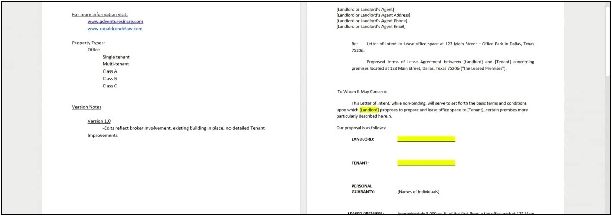 Real Estate Lease Letter Of Intent Template