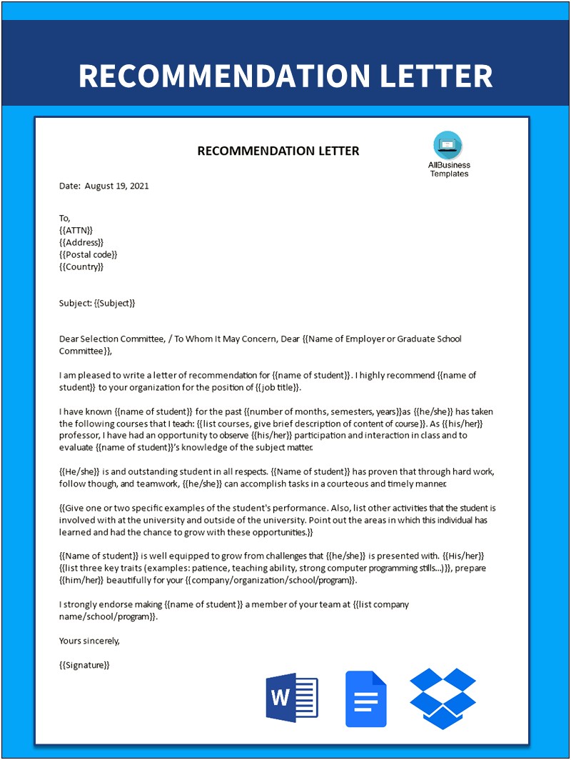 Recommendation Letter For Graduate School From Employer Template