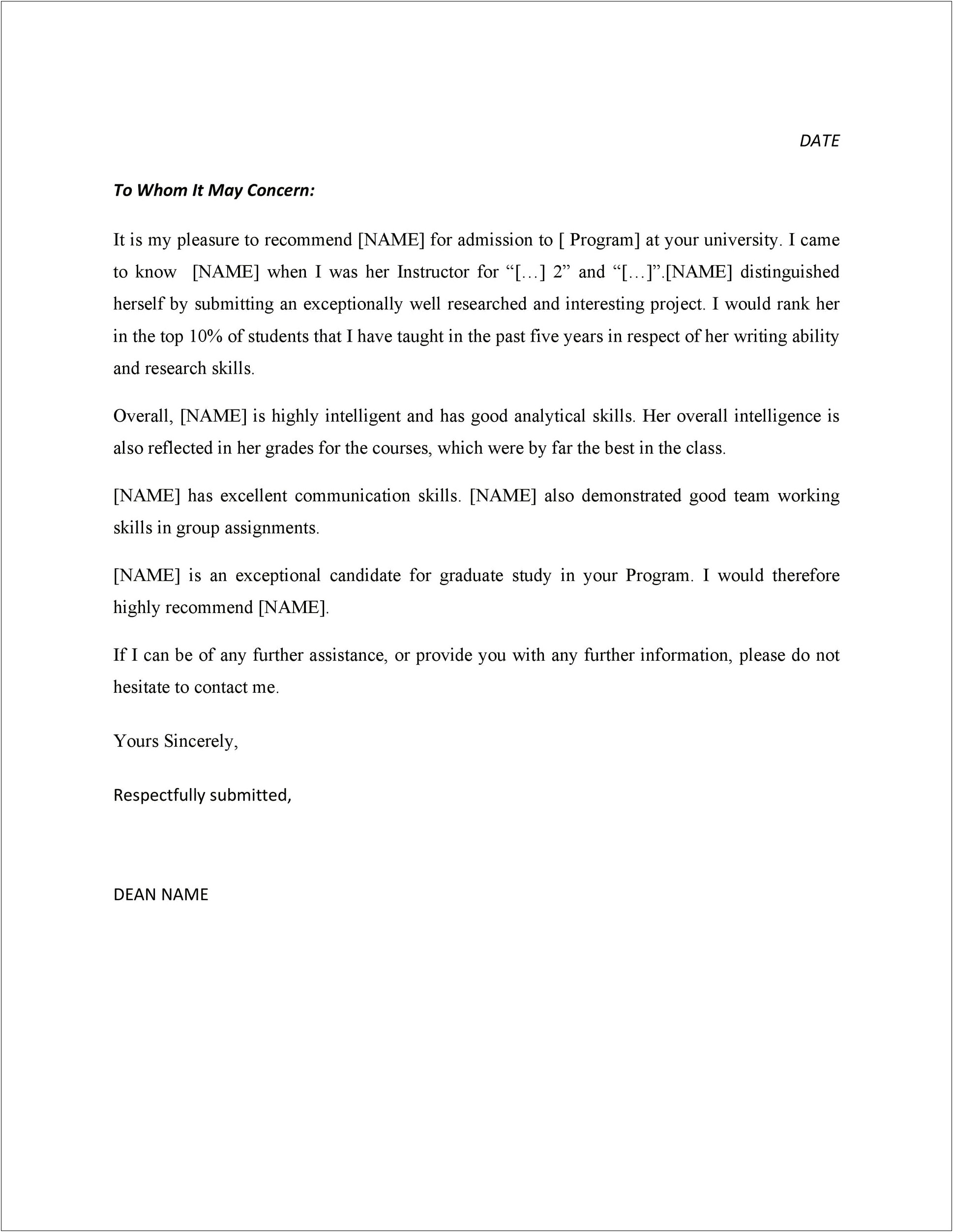 Recommendation Letter For High School Student Template