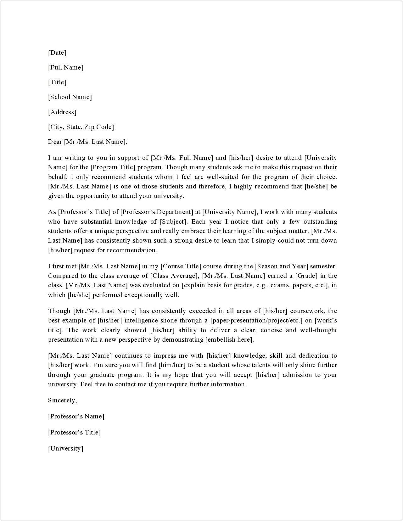 Recommendation Letter For Master Program Template