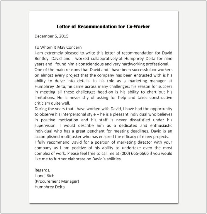 Recommendation Letter For Promotion Template Coworker