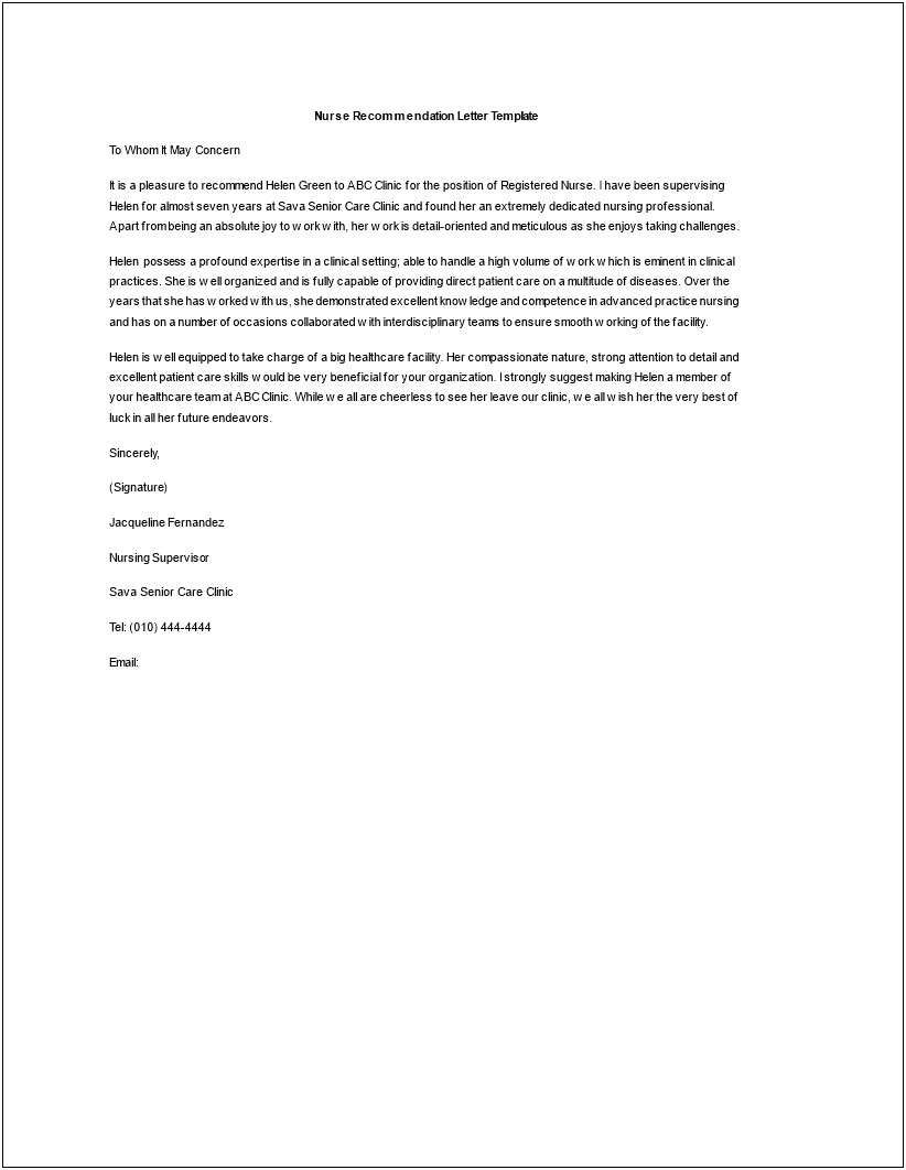 Recommendation Letter For Registered Nurse Template