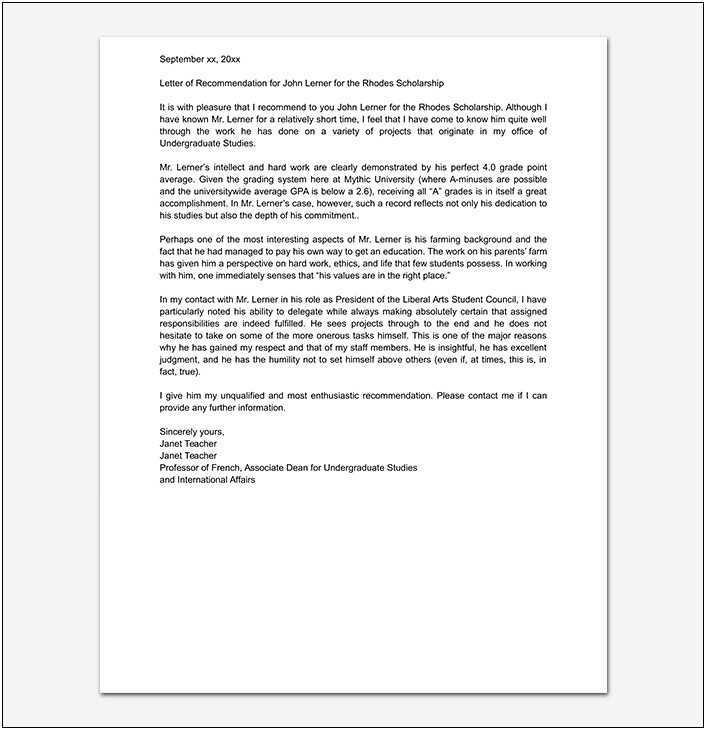 Recommendation Letter For Scholarship From Employer Template