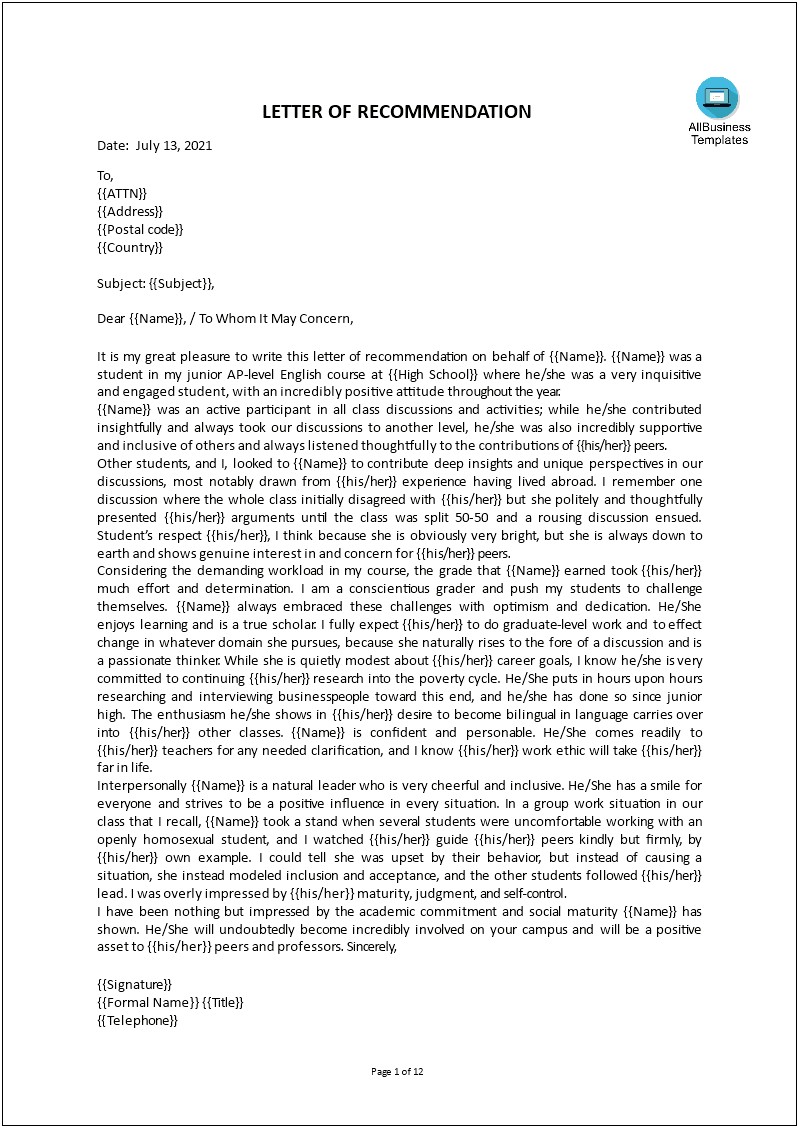 Recommendation Letter For Student Teachers Template