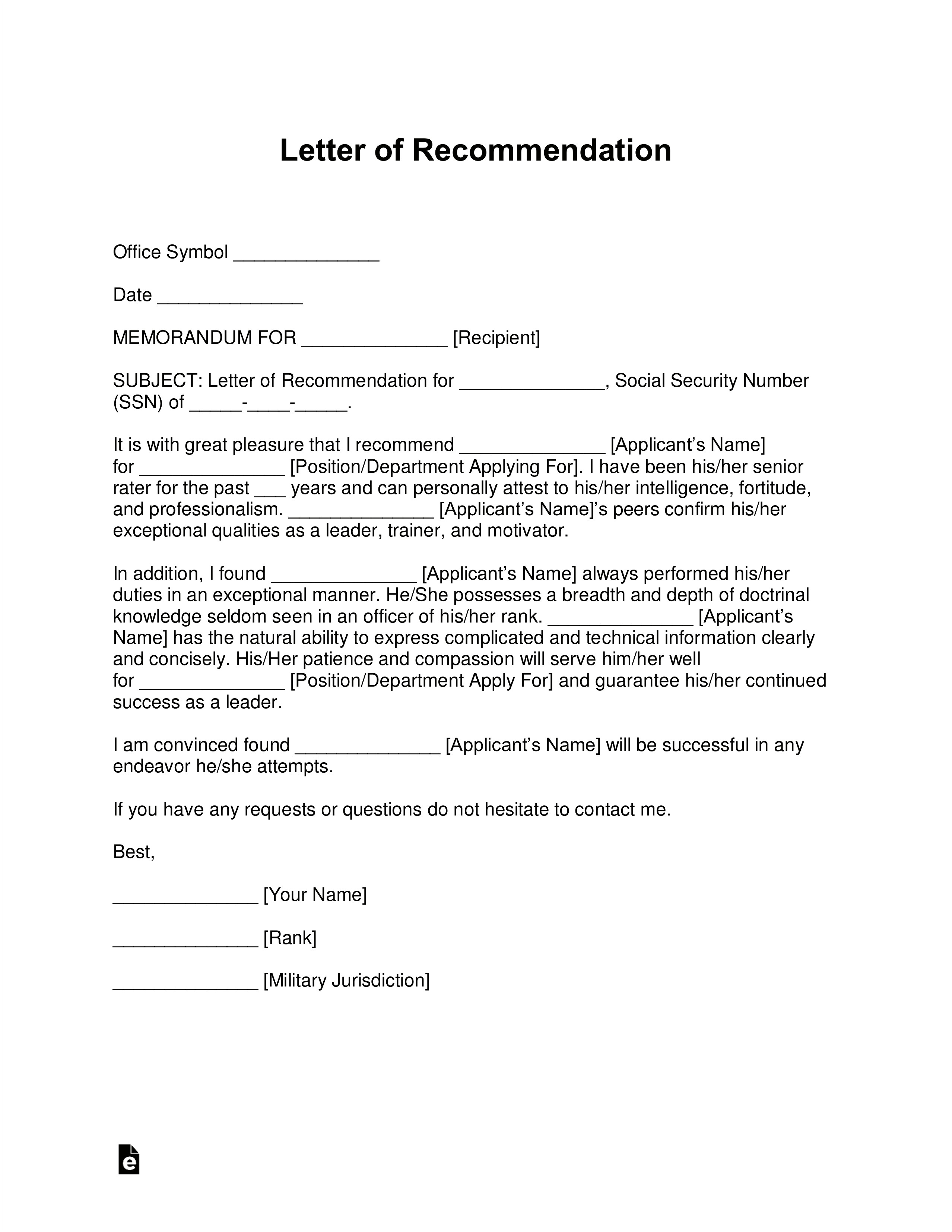 Recommendation Letter Template For An Award