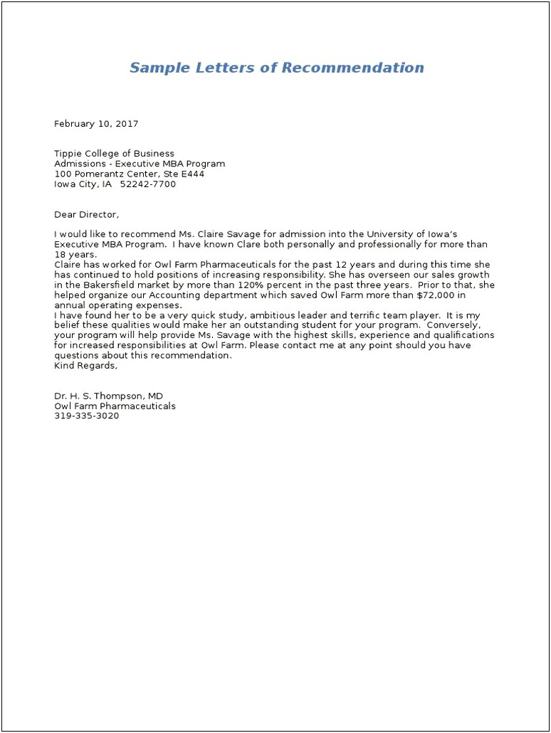 Recommendation Letter Template For Business School