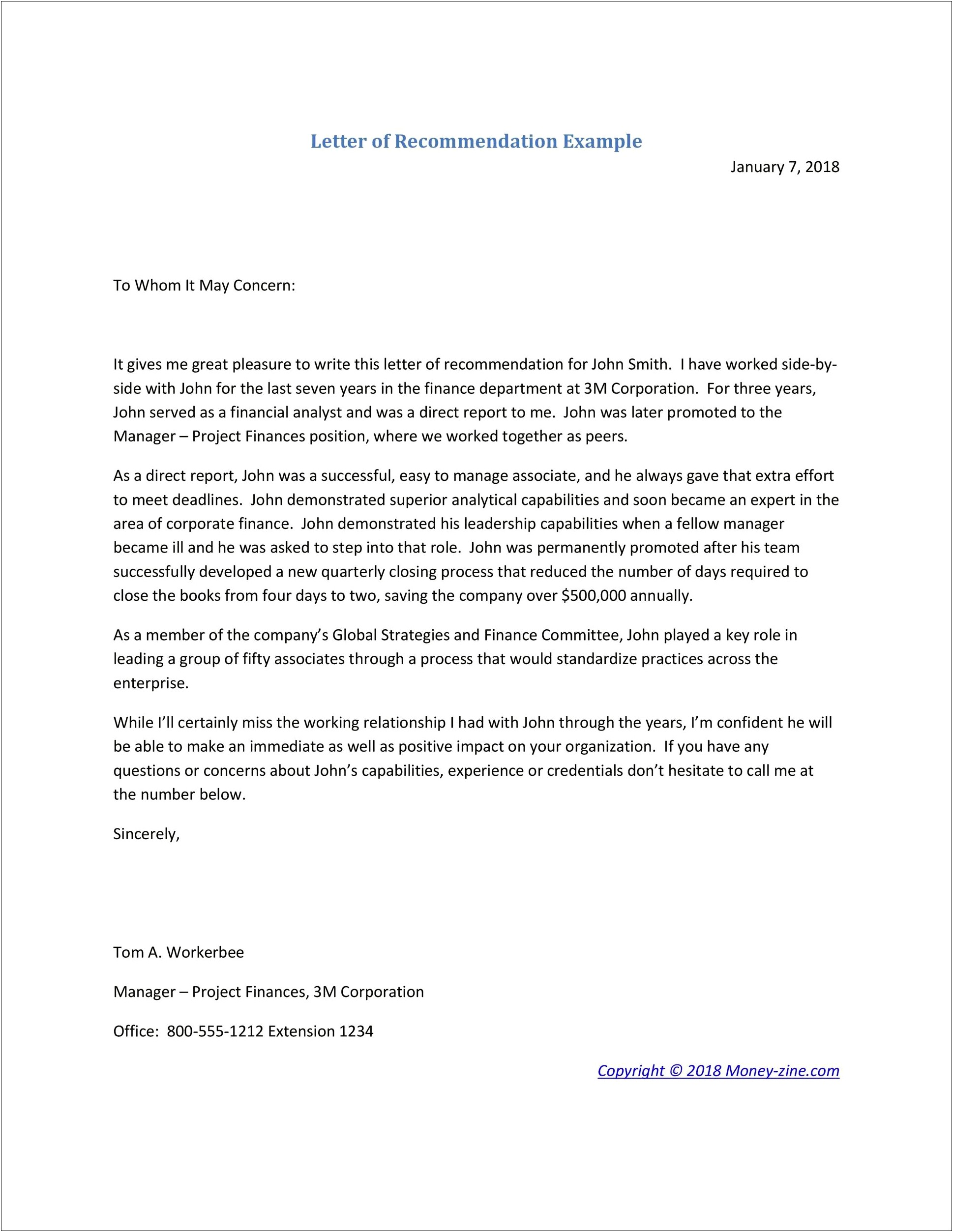 Recommendation Letter Template For Finance Manager