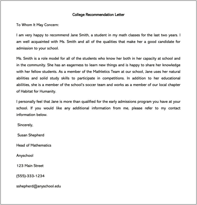 Recommendation Letter Template For Graduate Math School