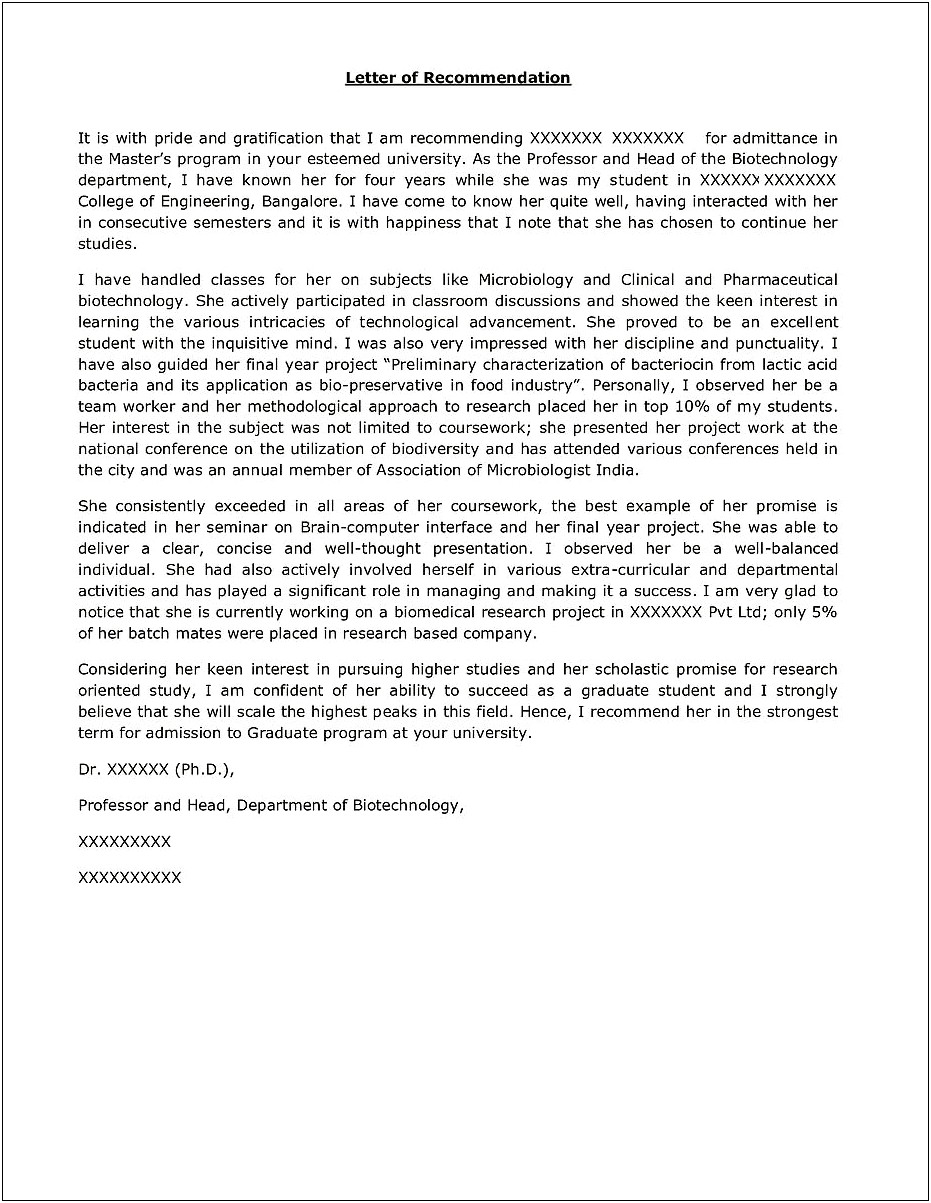 Recommendation Letter Template For Graduate Student