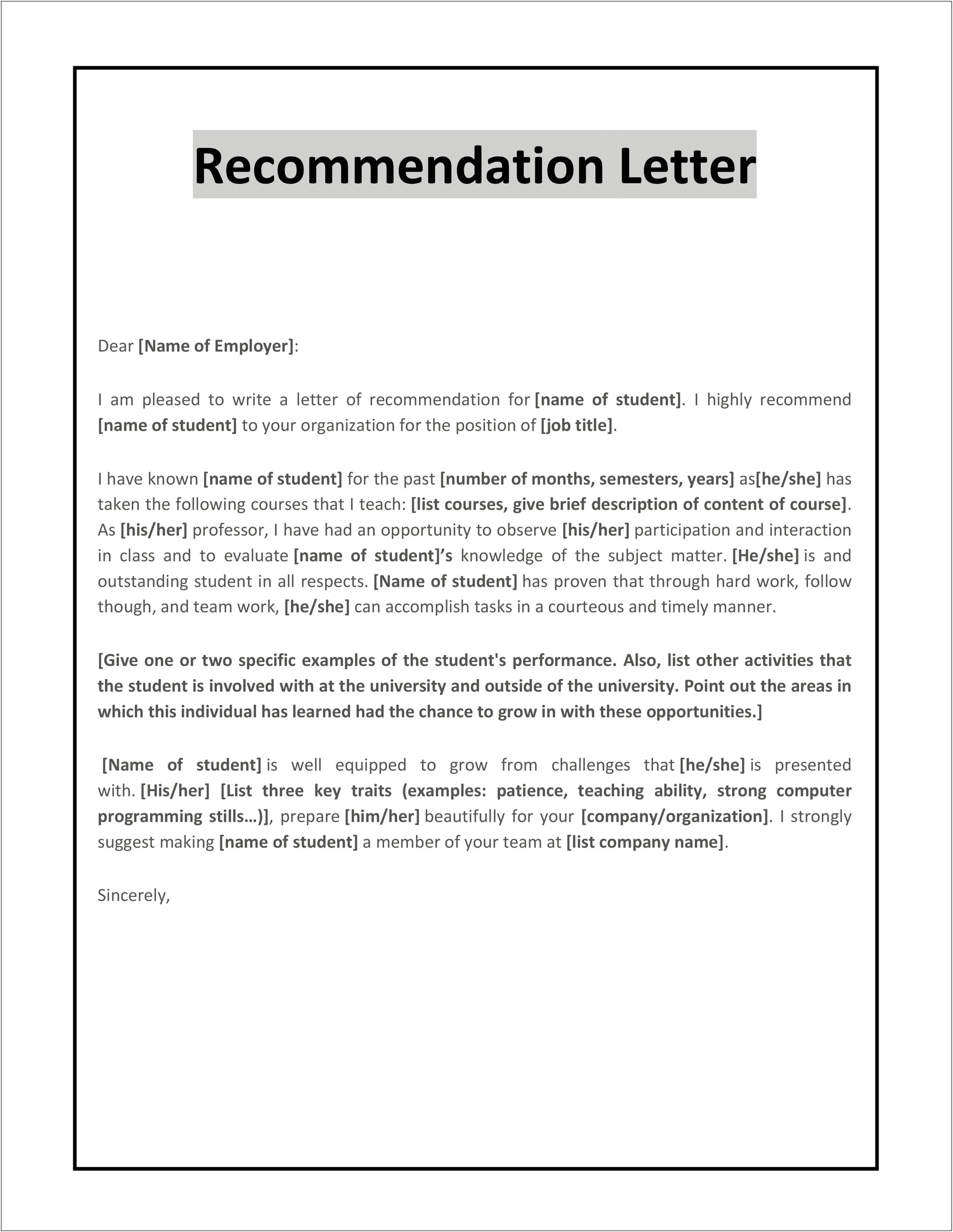 Recommendation Letter Template For Nursing Student