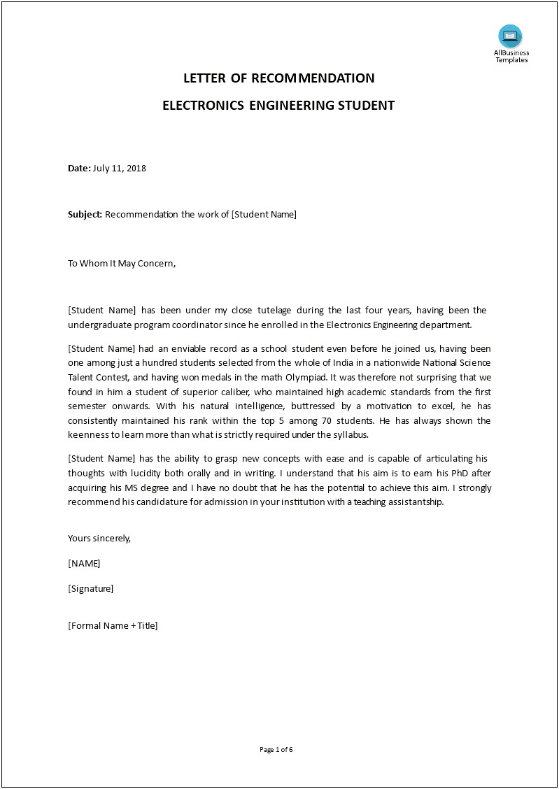 Recommendation Letter Template For Phd Admission