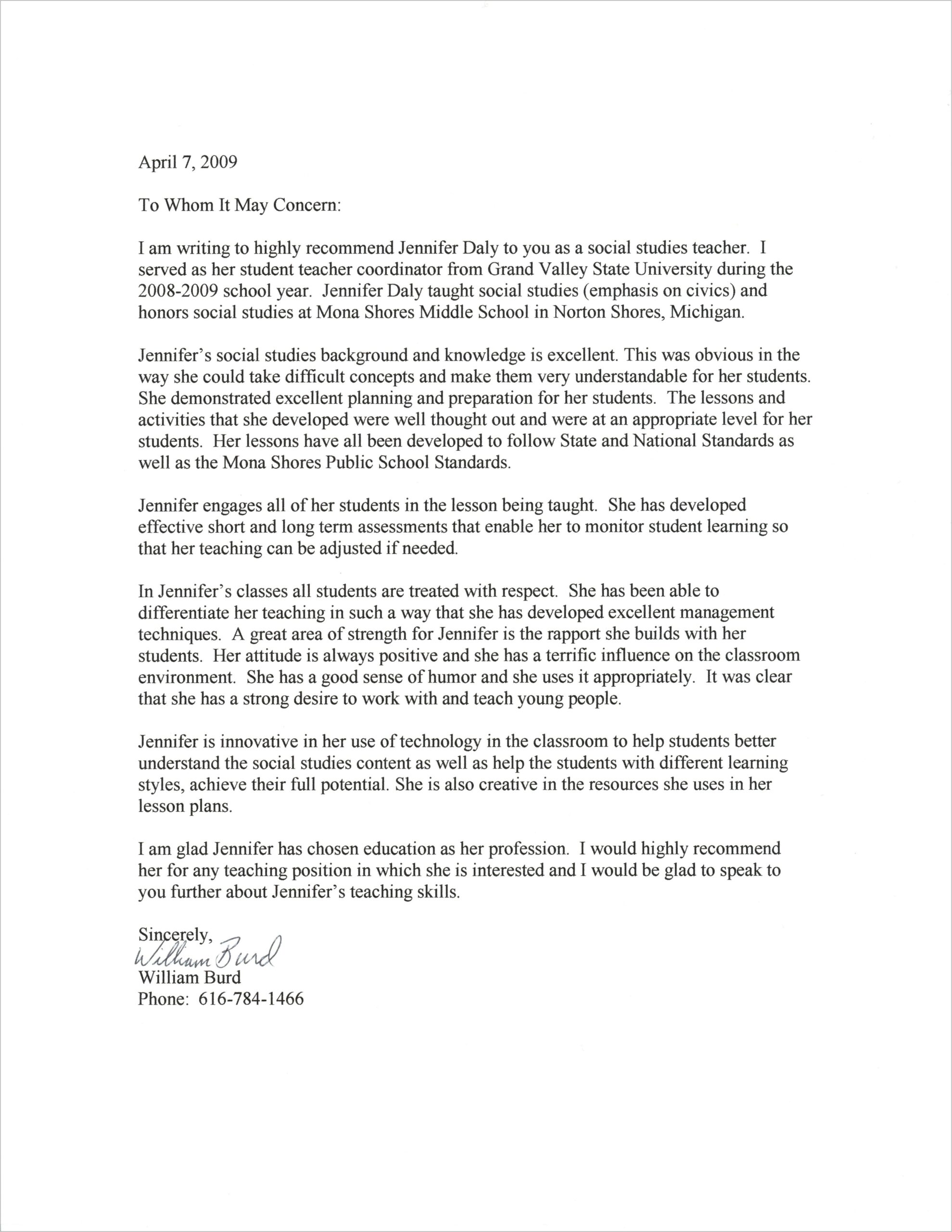 Recommendation Letter Template For Student From Professor