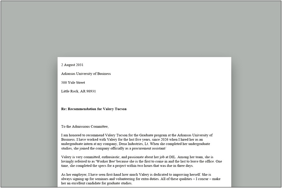 Recommendation Letter Template For Student Phd Program