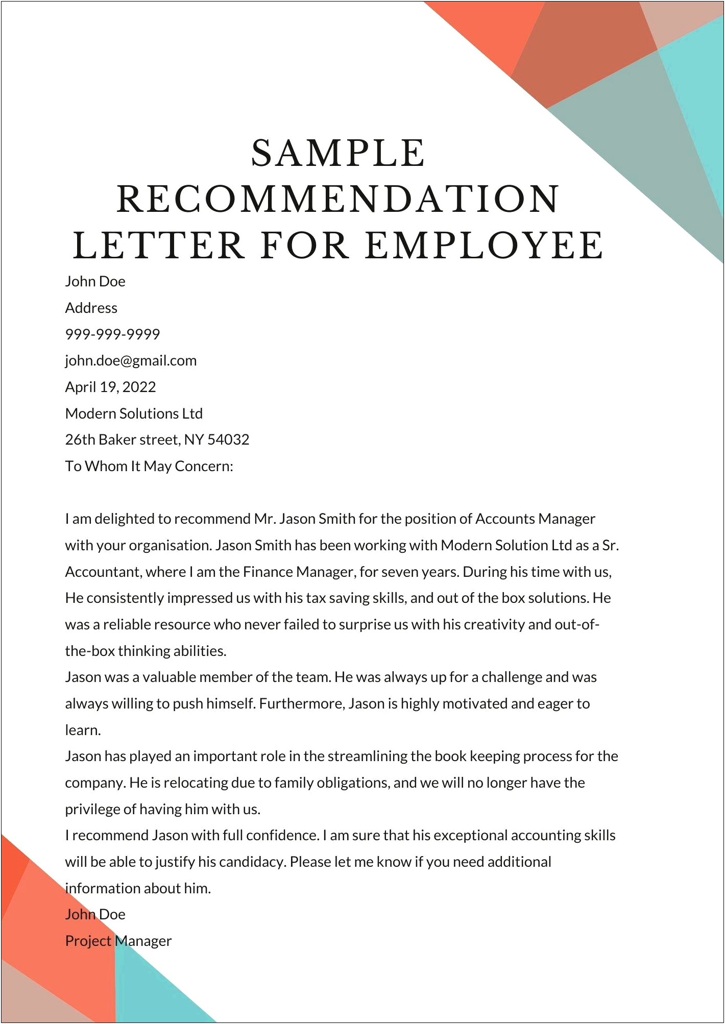 Reference Letter For Employee From Manager Template