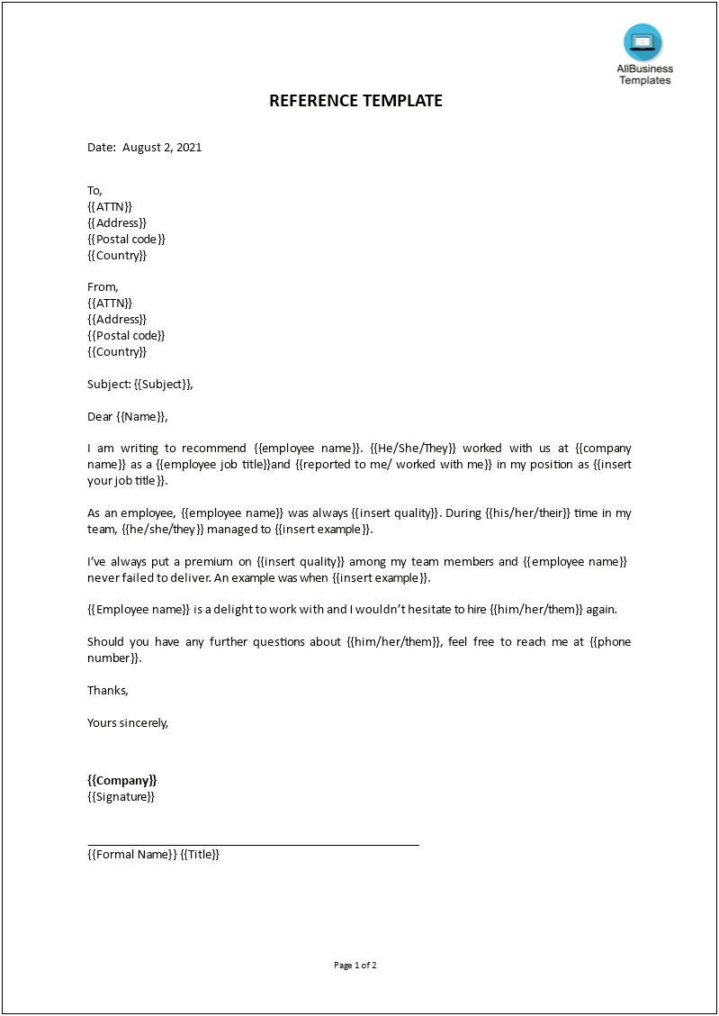 Reference Letter For Employee Leaving Template