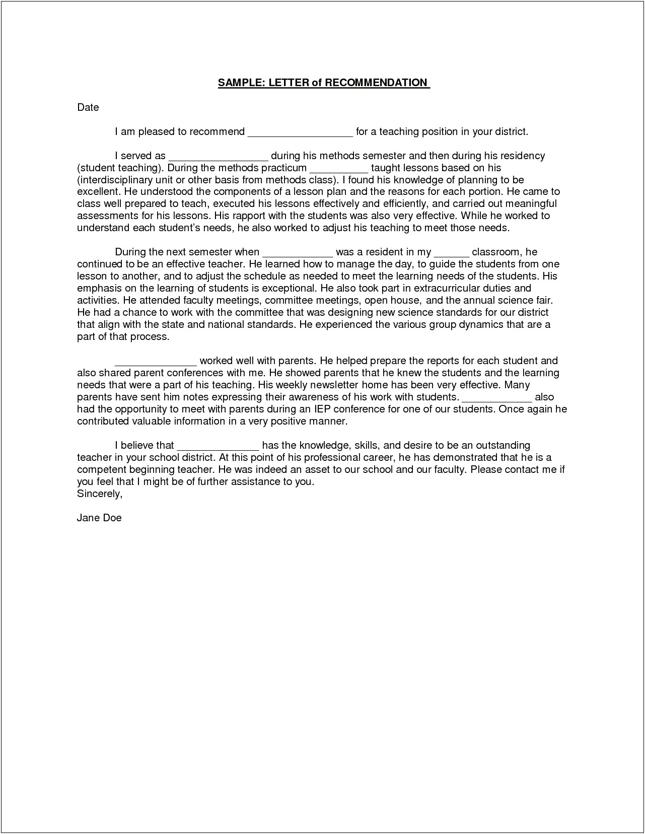 Reference Letter For Student Teacher Template