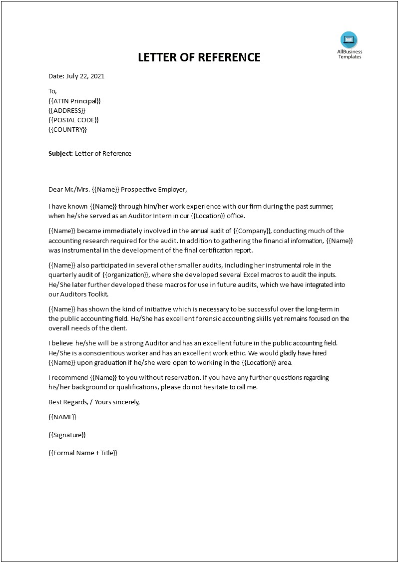 Reference Letter From Employer To Landlord Template